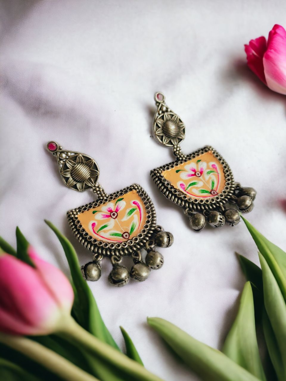 Antique Oxidized Silver Plated Brass Earrings with Jhumka Accents