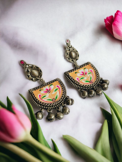 Antique Oxidized Silver Plated Brass Earrings with Jhumka Accents