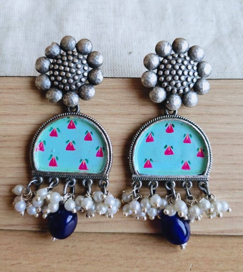 Hand-Painted Oxidized Silver Plated Brass Earrings
