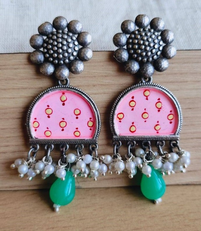 Hand-Painted Oxidized Silver Plated Brass Earrings