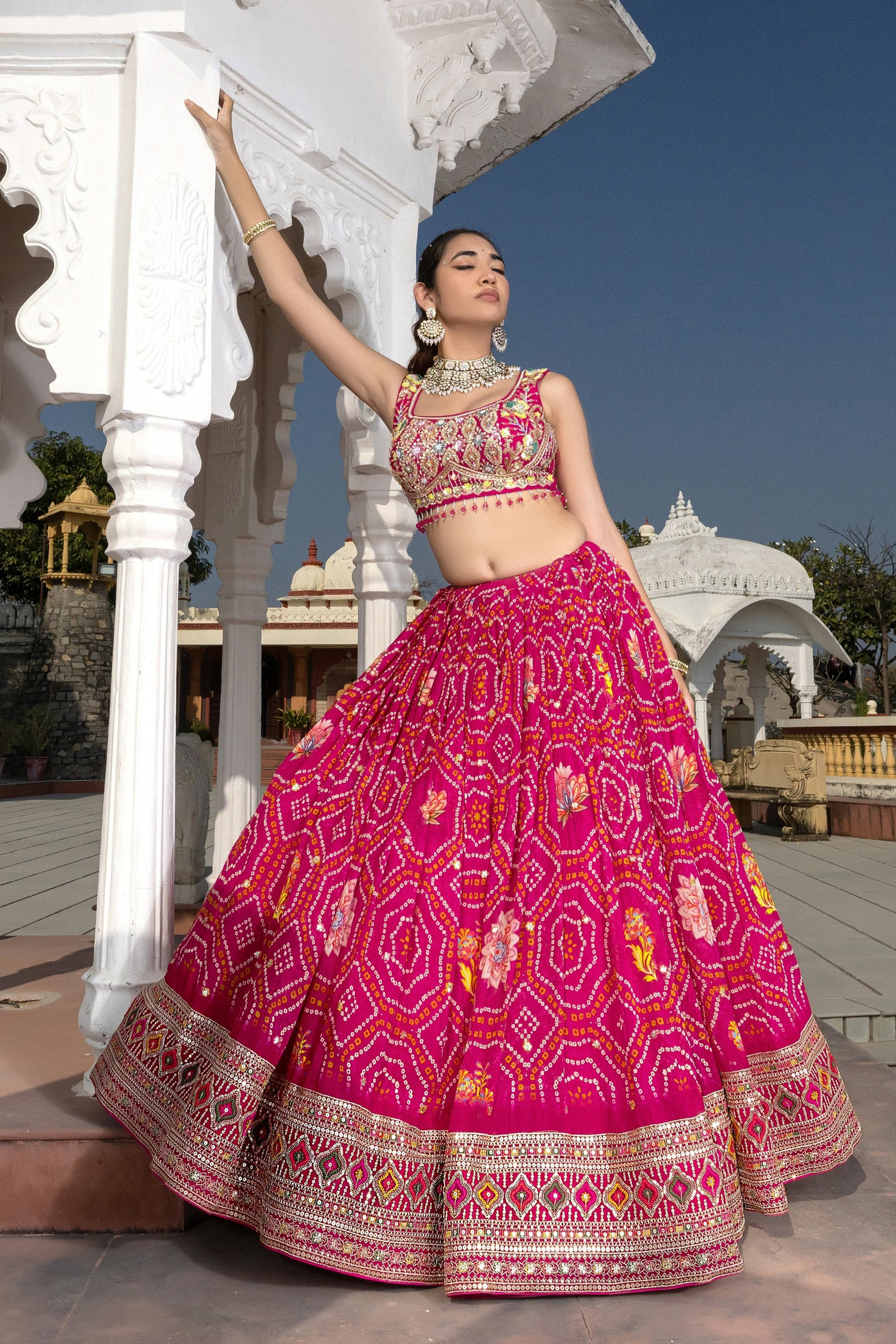 Bandhani Lehenga Choli with Hand Embroidered Blouse