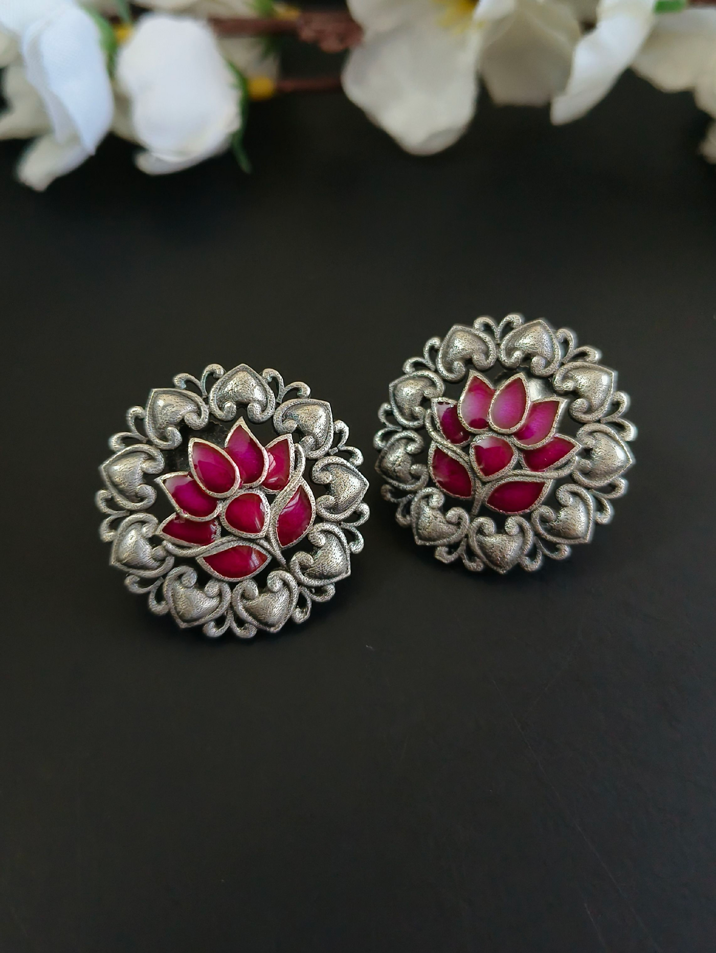 Antique Oxidized Silver Lotus Stud Earrings