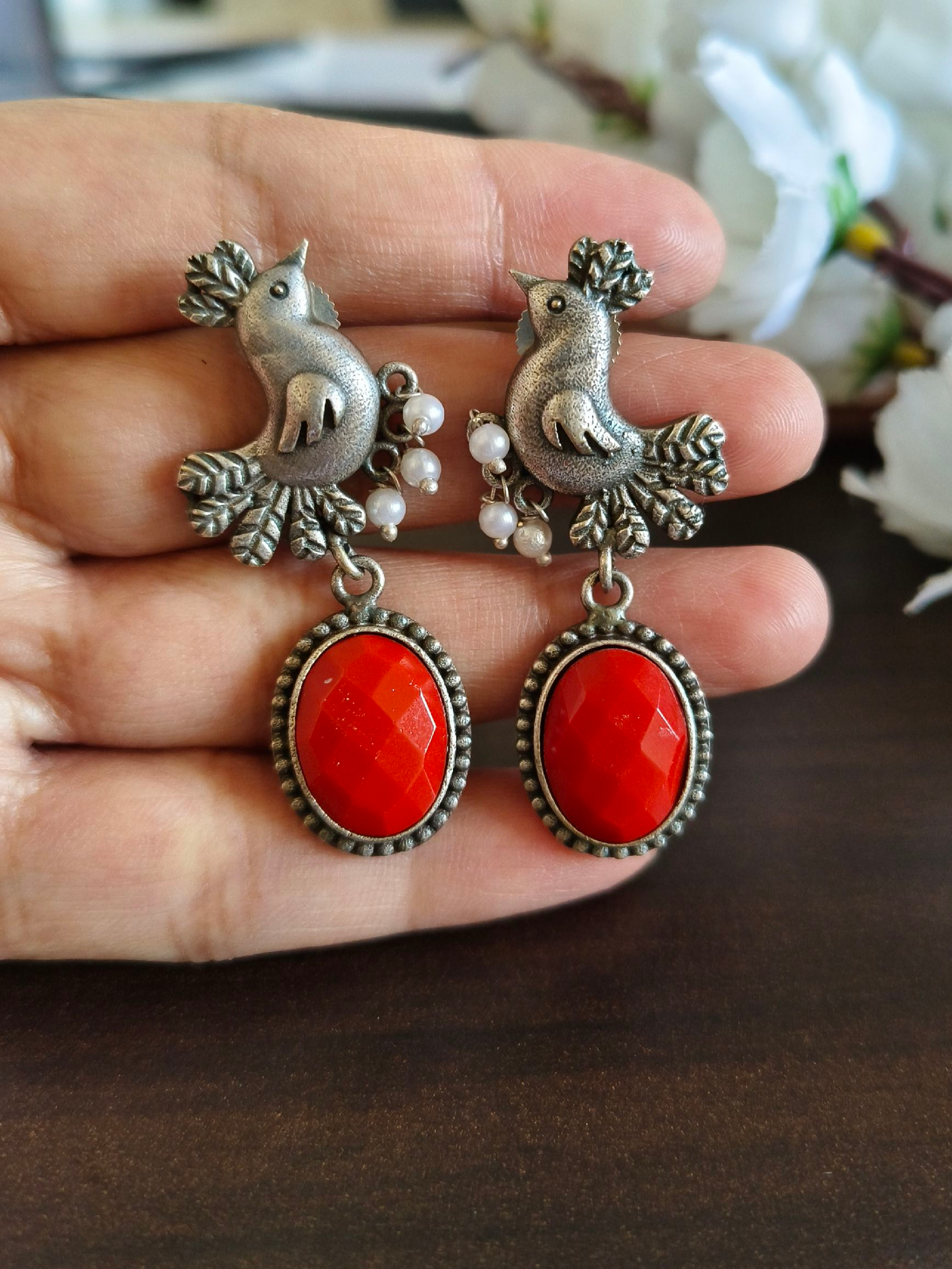 Oxidized Silver Plated Bird Drop Earrings