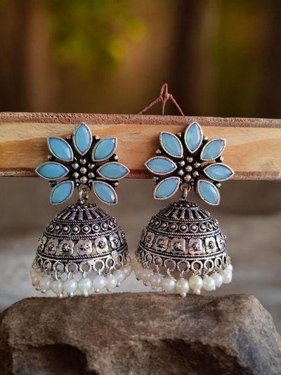 Oxidized Silver Plated Floral Dome Earrings