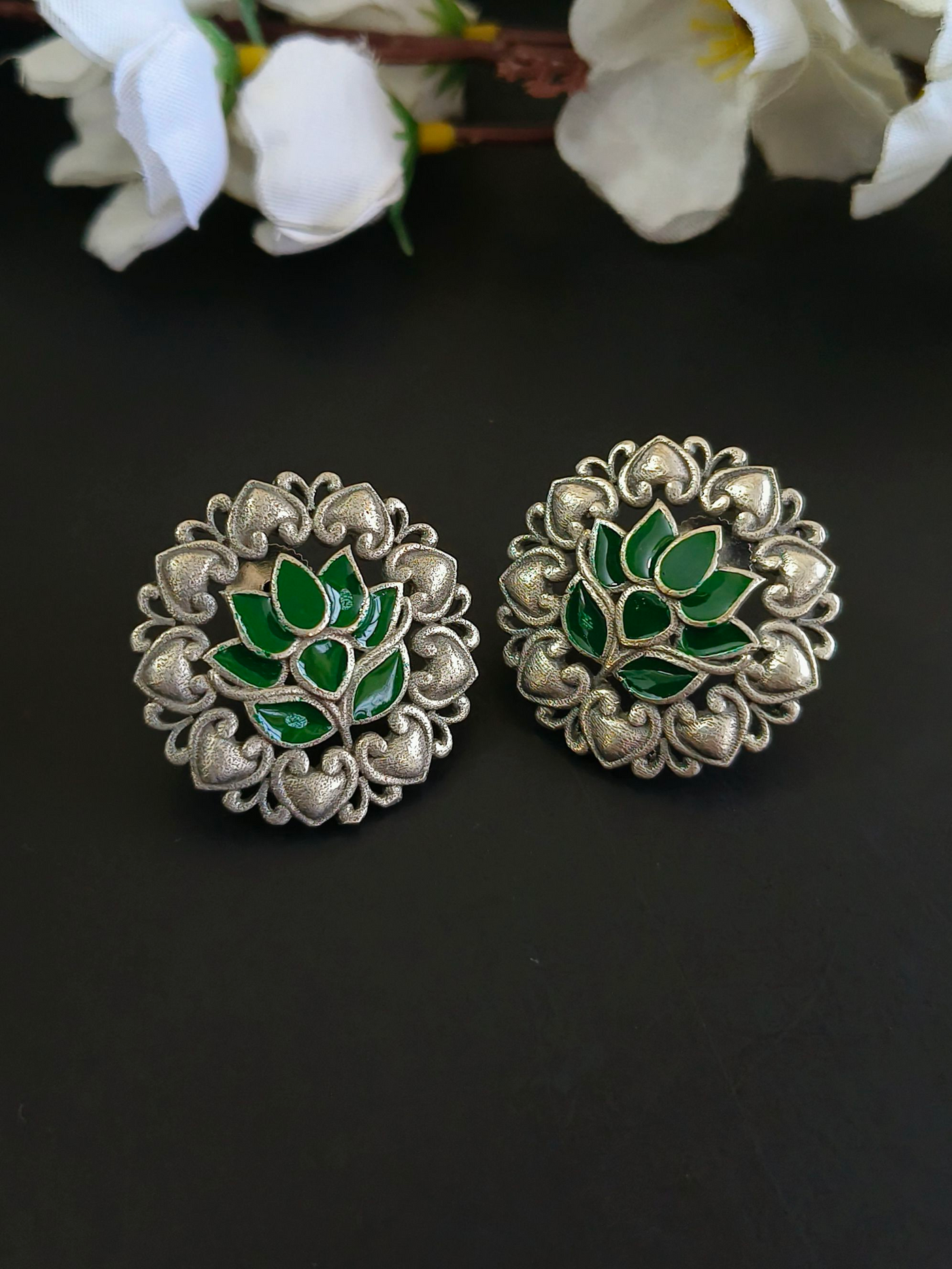 Antique Oxidized Silver Lotus Stud Earrings