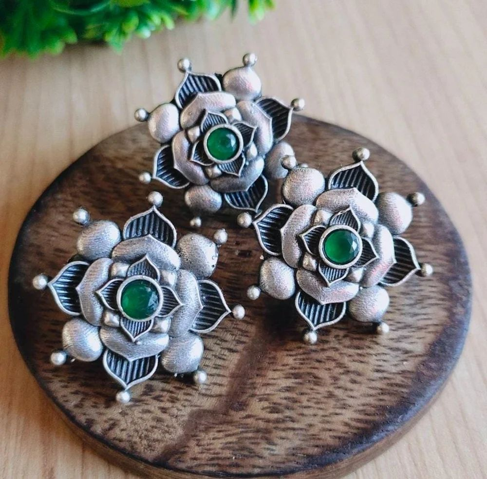 Oxidized Silver Plated Lotus Stud Earrings