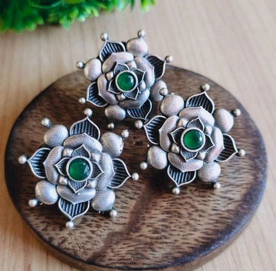 Oxidized Silver Plated Lotus Stud Earrings