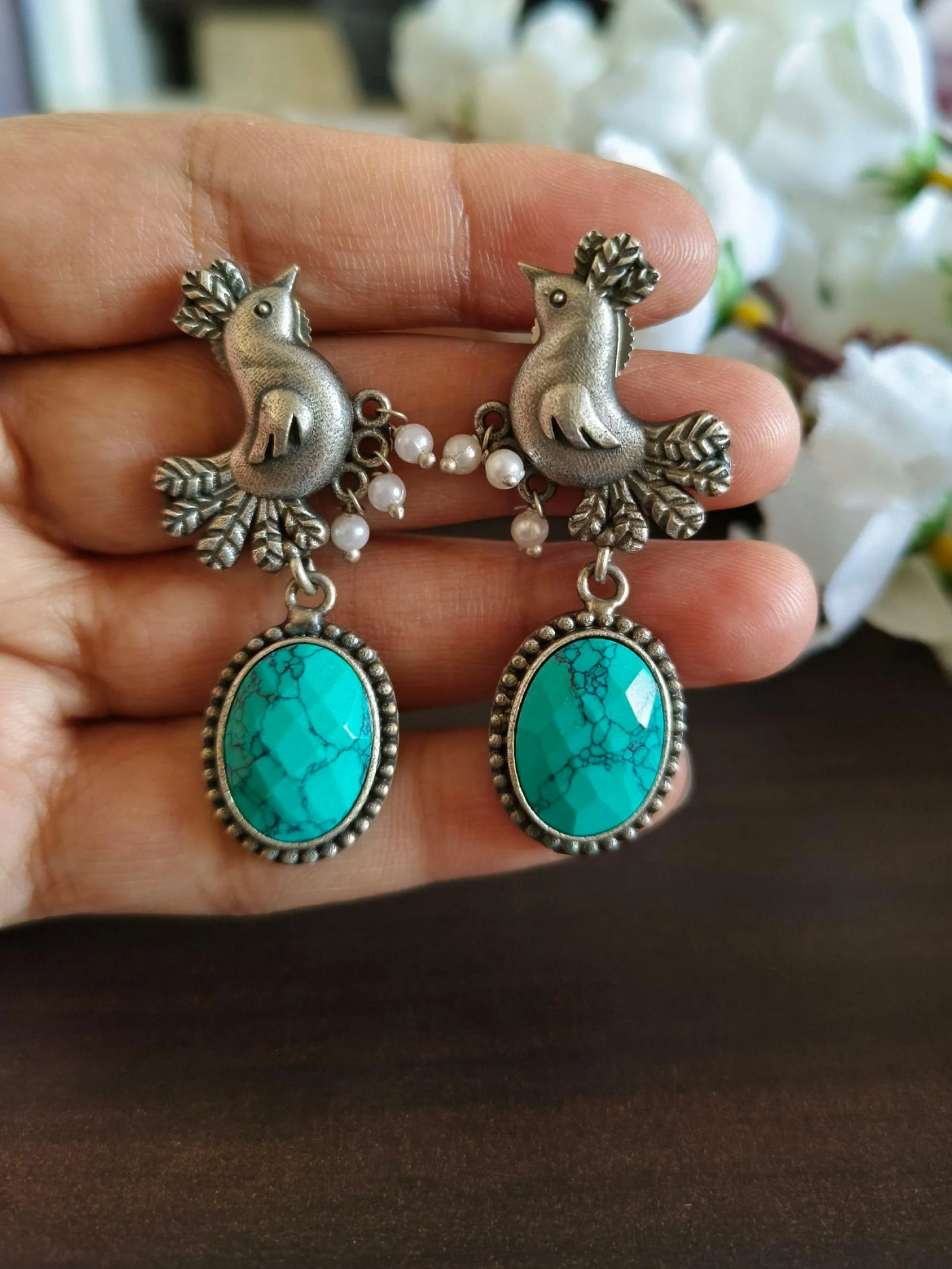 Oxidized Silver Plated Bird Drop Earrings