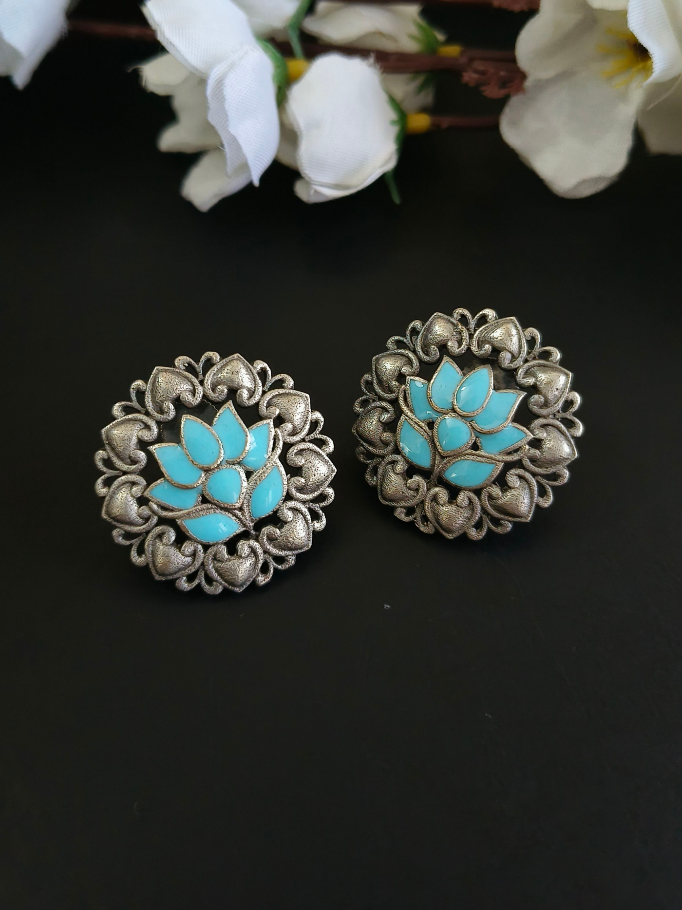 Antique Oxidized Silver Lotus Stud Earrings