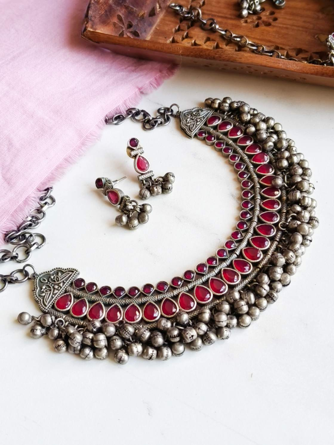 Oxidized Silver Plated Brass Necklace and Earrings Set (Ghungroo)