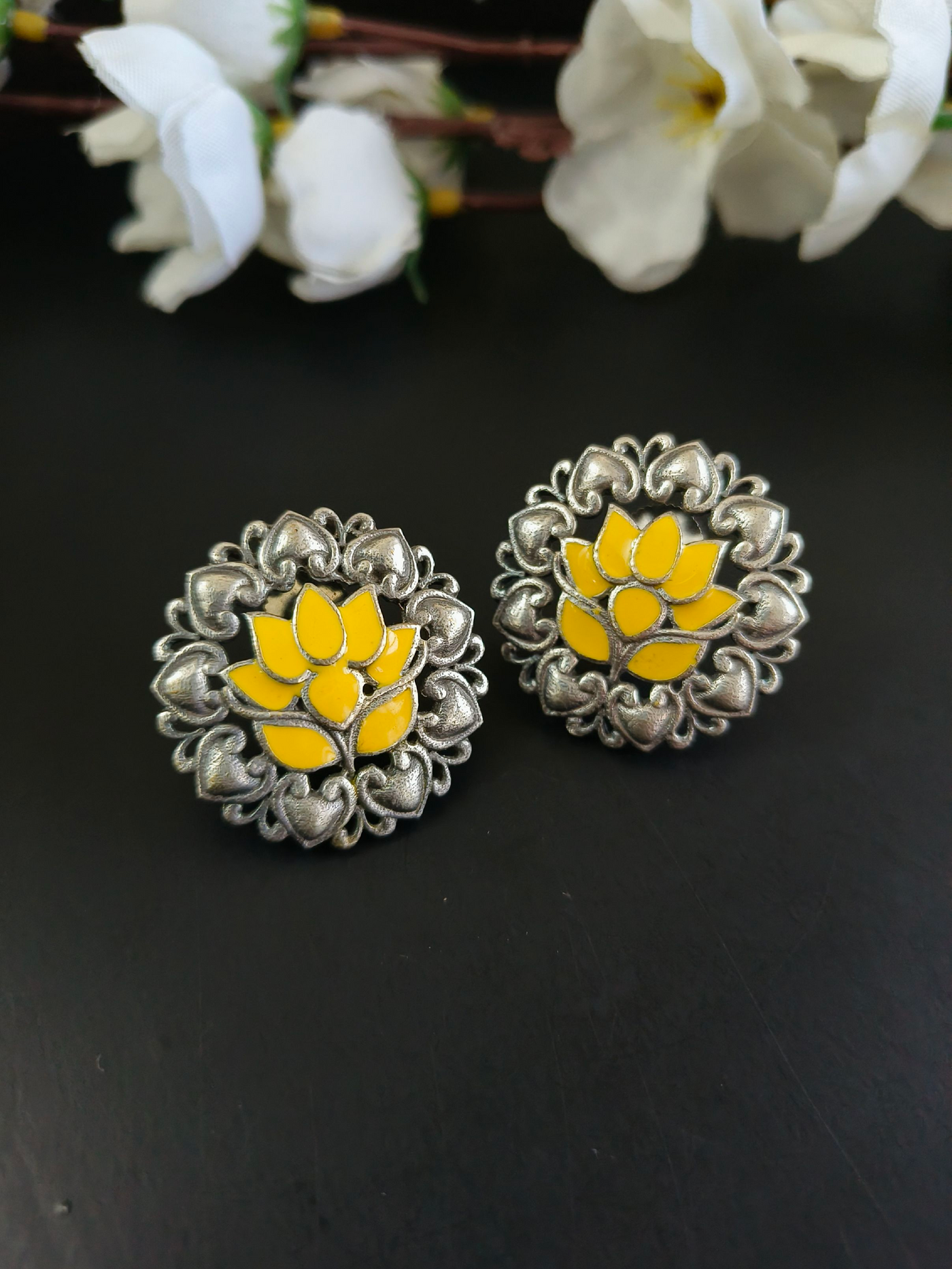 Antique Oxidized Silver Lotus Stud Earrings