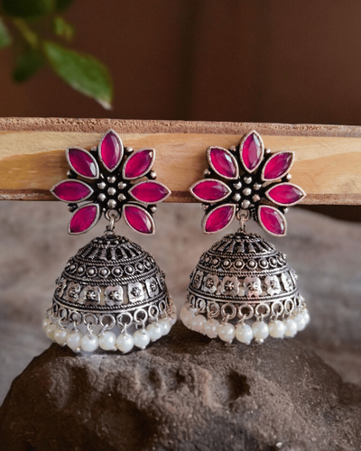 Oxidized Silver Plated Floral Dome Earrings