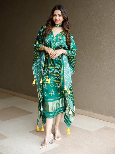 Elegant Green Bandhej Print Pure Gaji Silk Kaftan with Golden Patta