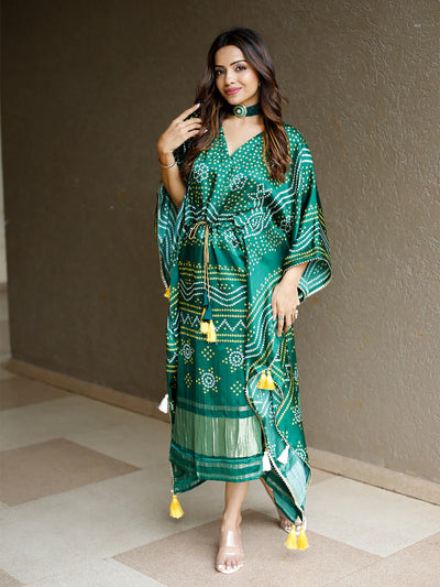 Elegant Green Bandhej Print Pure Gaji Silk Kaftan with Golden Patta
