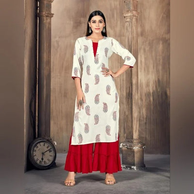 2 Piece Off White and Red Kurtis with Palazzo