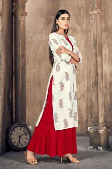 2 Piece Off White and Red Kurtis with Palazzo