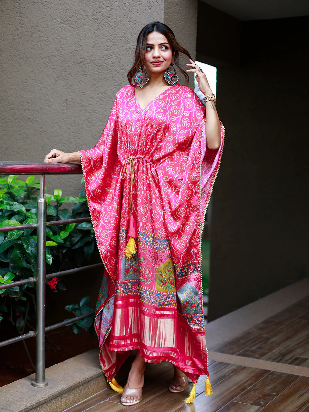 Pink Digital Bandhej Print Pure Gaji Silk Readymade Kaftan