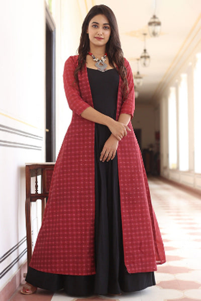 Cotton & Silk Blend Black Gown with Red Cape