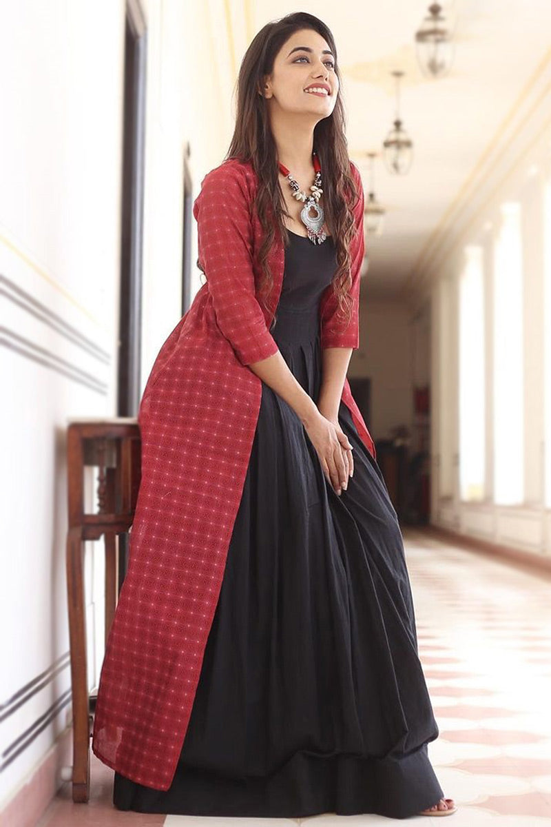 Cotton & Silk Blend Black Gown with Red Cape