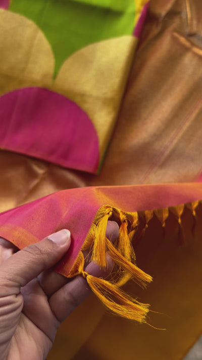 Luxurious Pure Kancheepuram Silk Handloom Saree – Designer Masterpiece in Golden Yellow and Pink