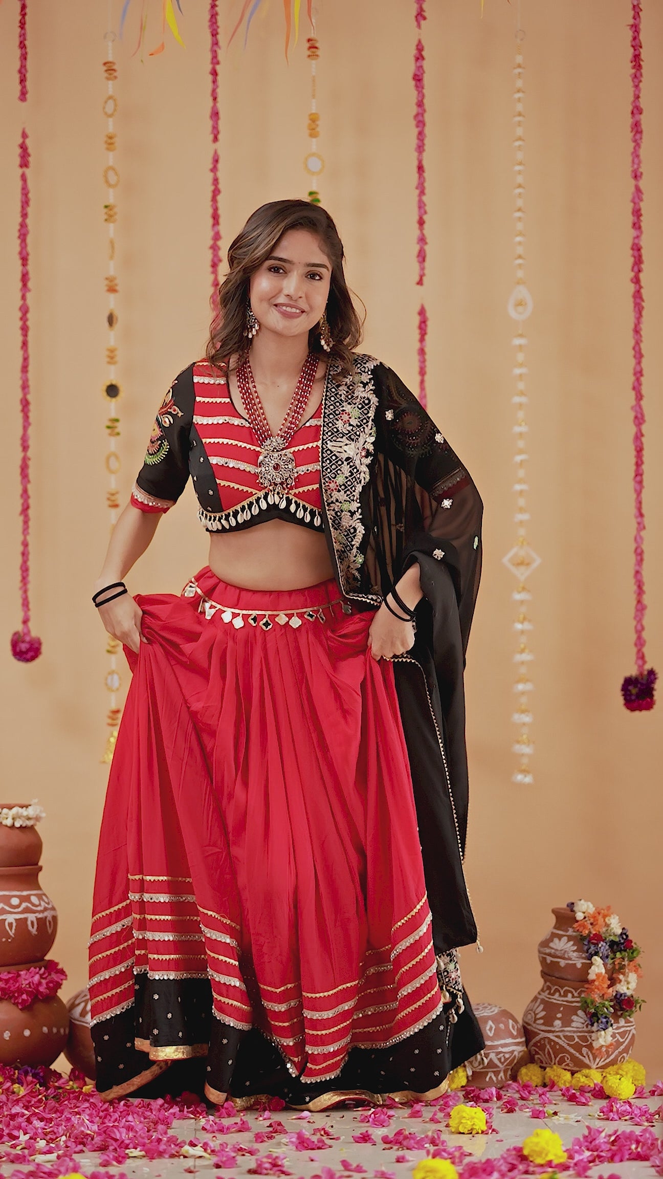Red & Black Navratri Lehenga with Mirror Blouse