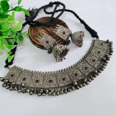 Silver look alike integrate Oxidised Choker Necklace set