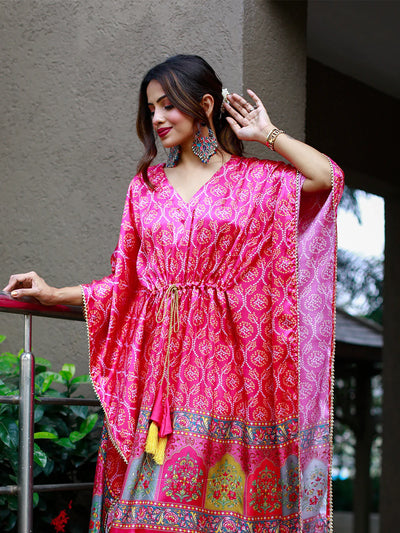 Pink Digital Bandhej Print Pure Gaji Silk Readymade Kaftan
