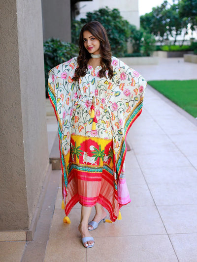 Pichwai-Inspired Pure Gaji Silk Kaftan with Bandhej Print & Floral Lotus Motifs