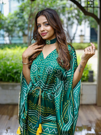 Elegant Green Bandhej Print Pure Gaji Silk Kaftan with Golden Patta