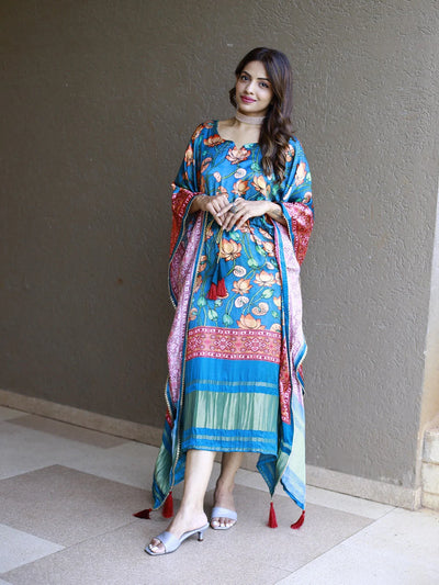 Mughal-Inspired Digital Floral Print Pure Gaji Silk Teal Blue Kaftan with Bandhej Accents & Zari Border
