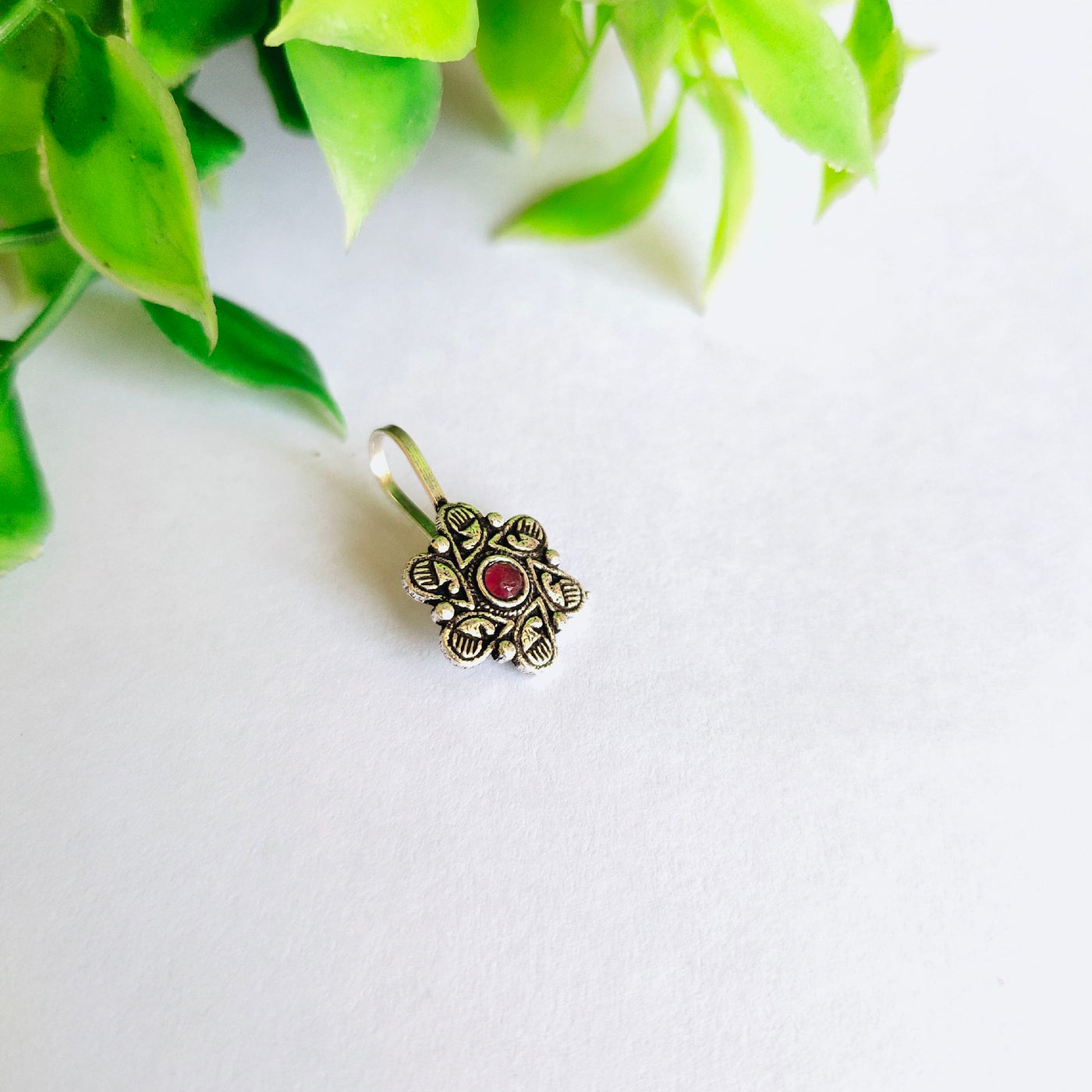 Designer Red Stone Brass Clip On Nose Pin