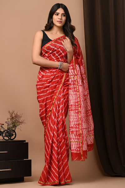 Pure Chanderi Silk Cotton Saree with Zari Border - Hand Block Printed & Tie-Dyed Red