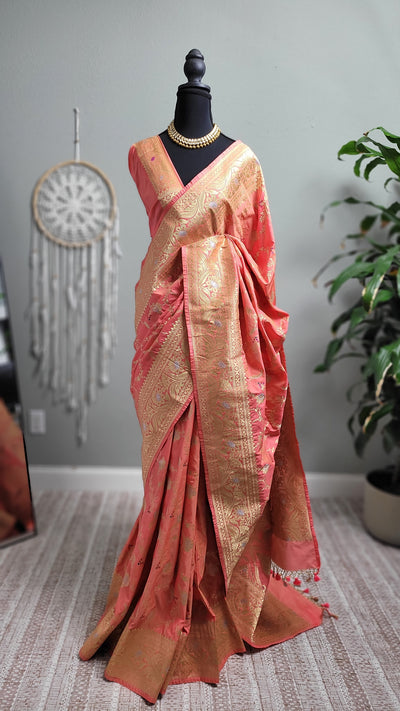 Peach Banaras Semi Katan Sona Rupa Silk Saree