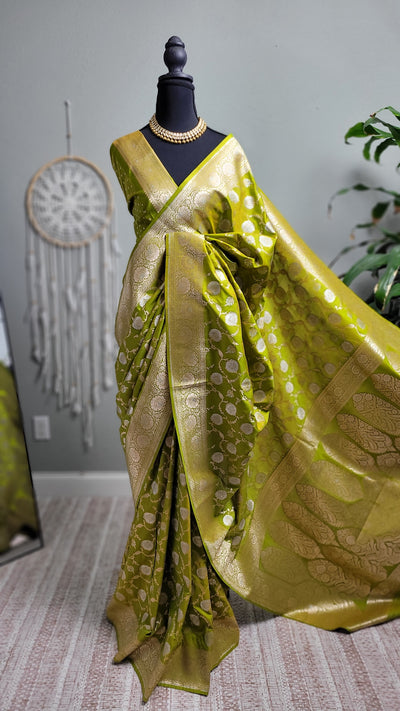 Lime Green Banaras Semi Katan Sona Rupa Silk Saree