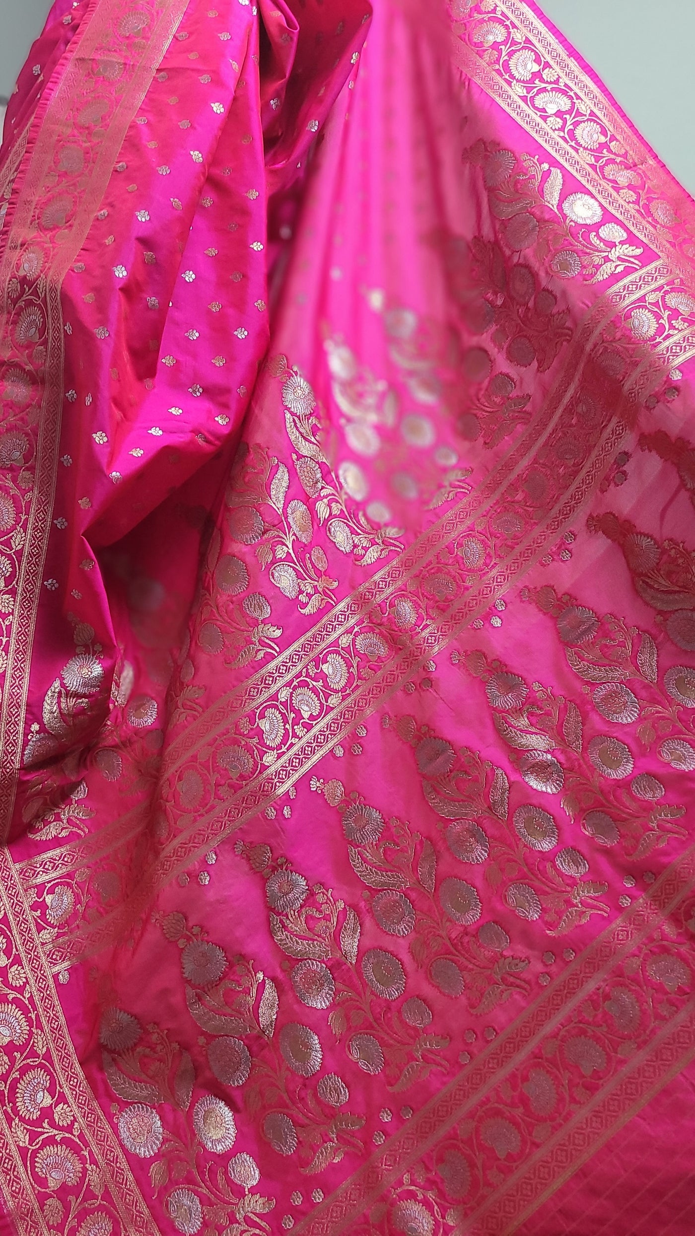 Rani Pink Banaras Semi Katan Sona Rupa Silk Saree