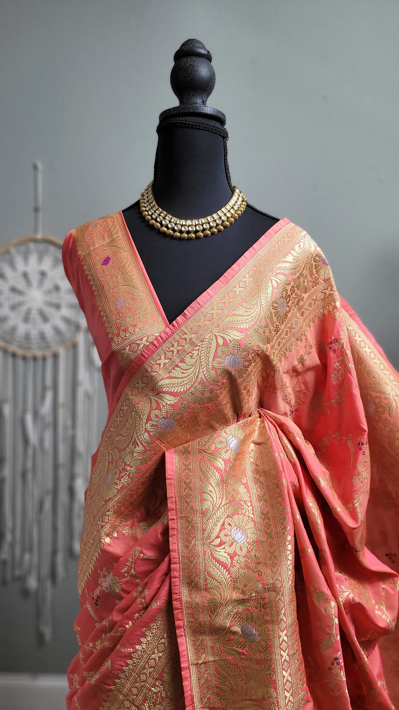 Peach Banaras Semi Katan Sona Rupa Silk Saree