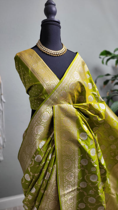 Lime Green Banaras Semi Katan Sona Rupa Silk Saree