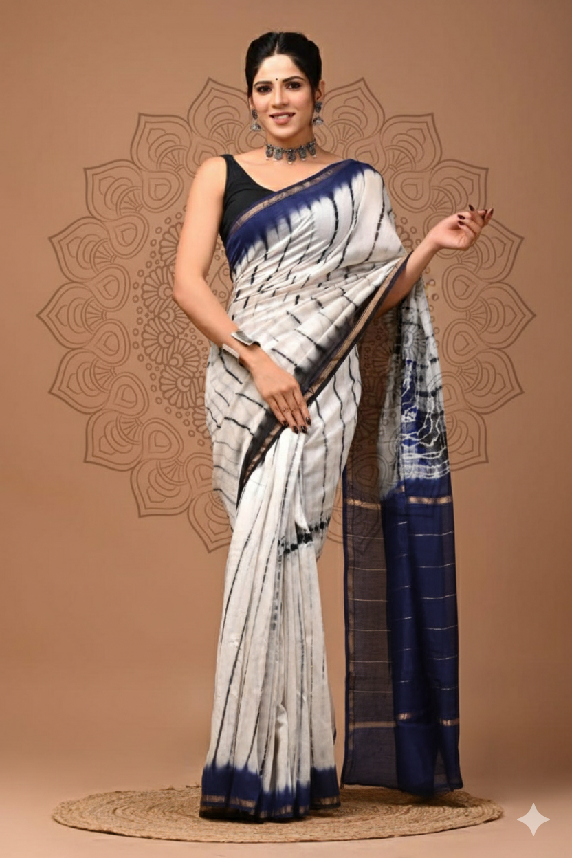 Blue & White Tie-Dye Pure Chanderi Silk Cotton Saree with Zari Border