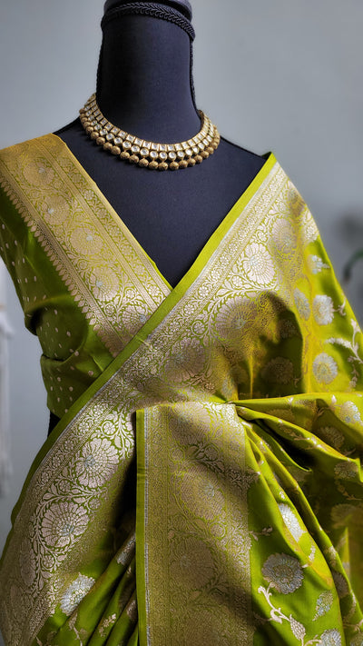 Lime Green Banaras Semi Katan Sona Rupa Silk Saree