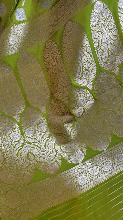 Lime Green Banaras Semi Katan Sona Rupa Silk Saree