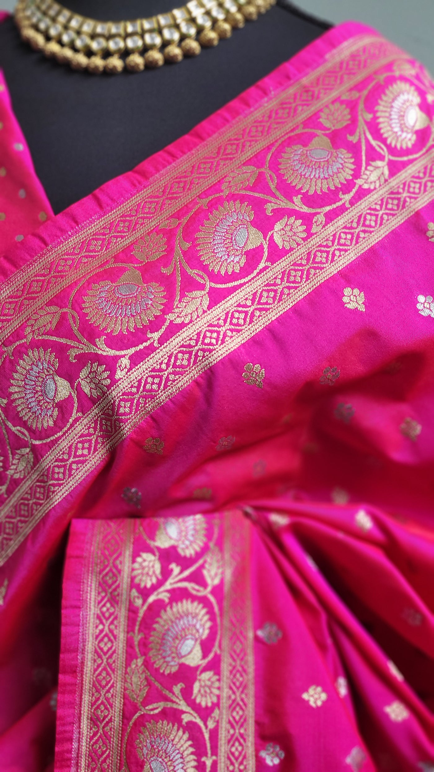 Rani Pink Banaras Semi Katan Sona Rupa Silk Saree