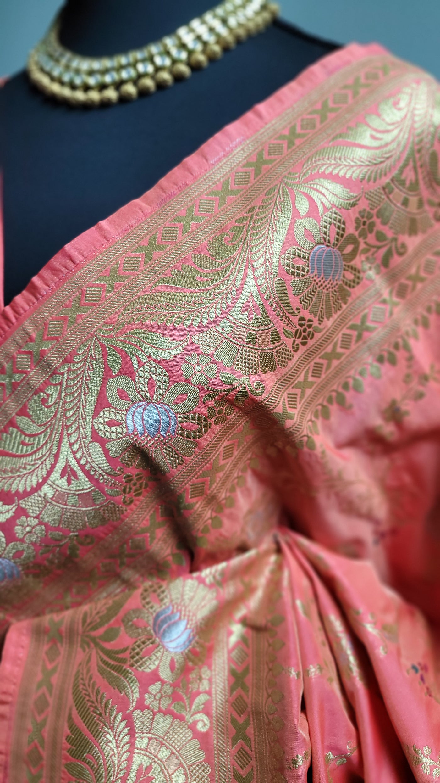Peach Banaras Semi Katan Sona Rupa Silk Saree