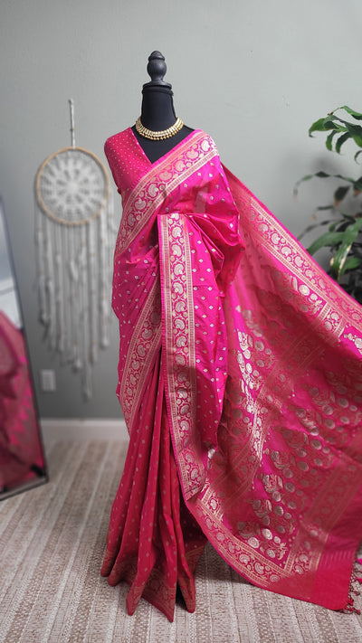 Rani Pink Banaras Semi Katan Sona Rupa Silk Saree