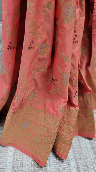 Peach Banaras Semi Katan Sona Rupa Silk Saree