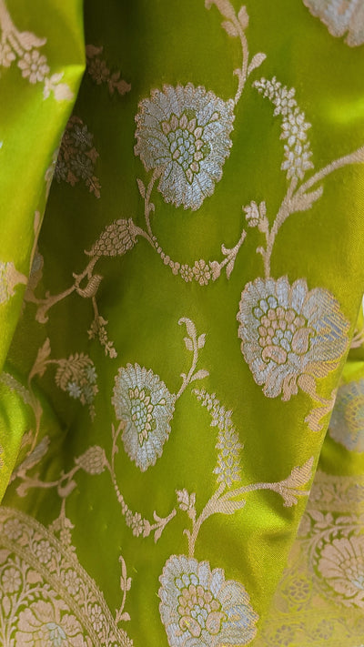 Lime Green Banaras Semi Katan Sona Rupa Silk Saree