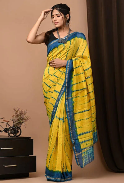 Handcrafted Yellow & Blue Pure Chanderi Silk Cotton Tie-Dye Saree
