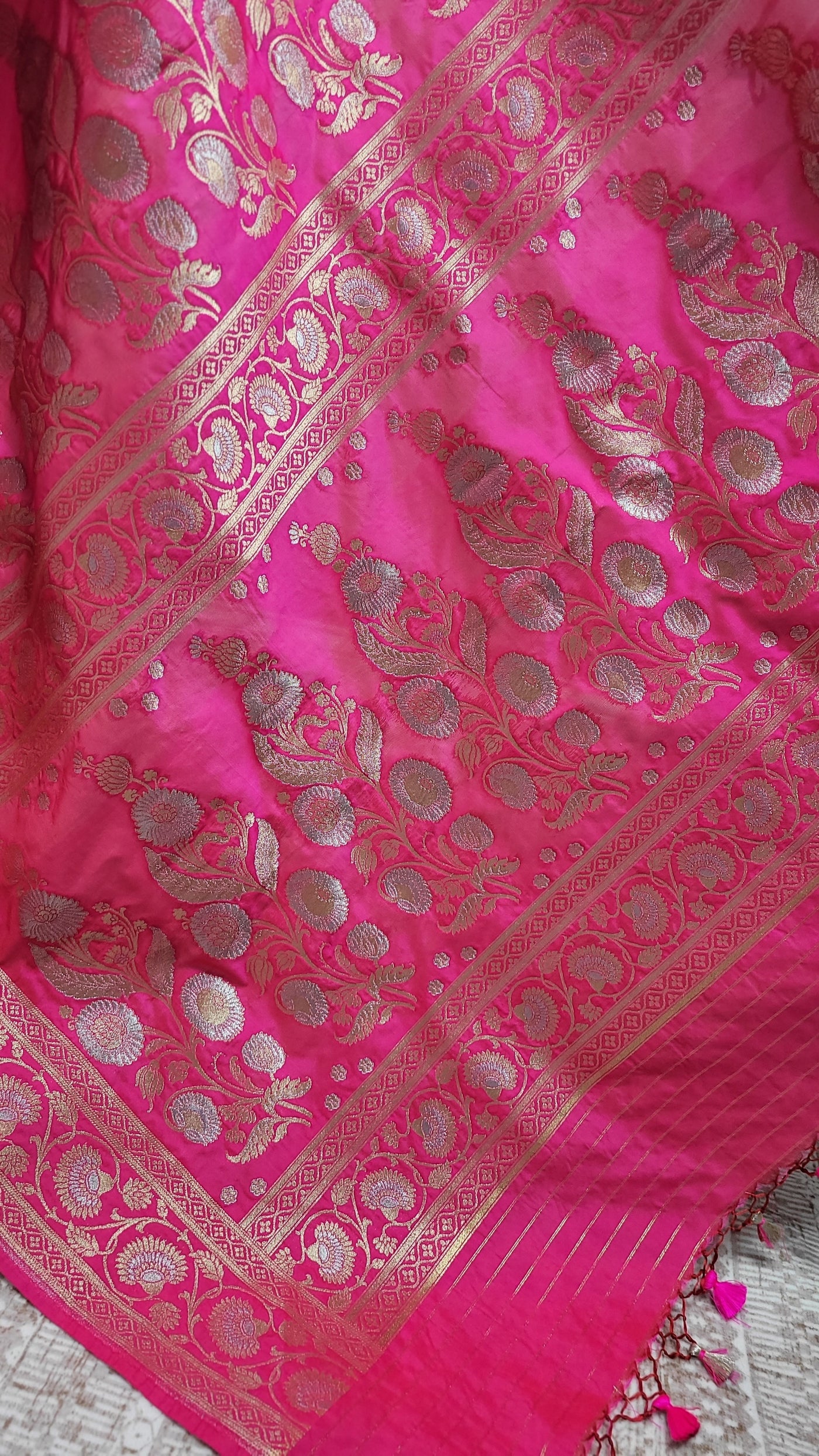 Rani Pink Banaras Semi Katan Sona Rupa Silk Saree