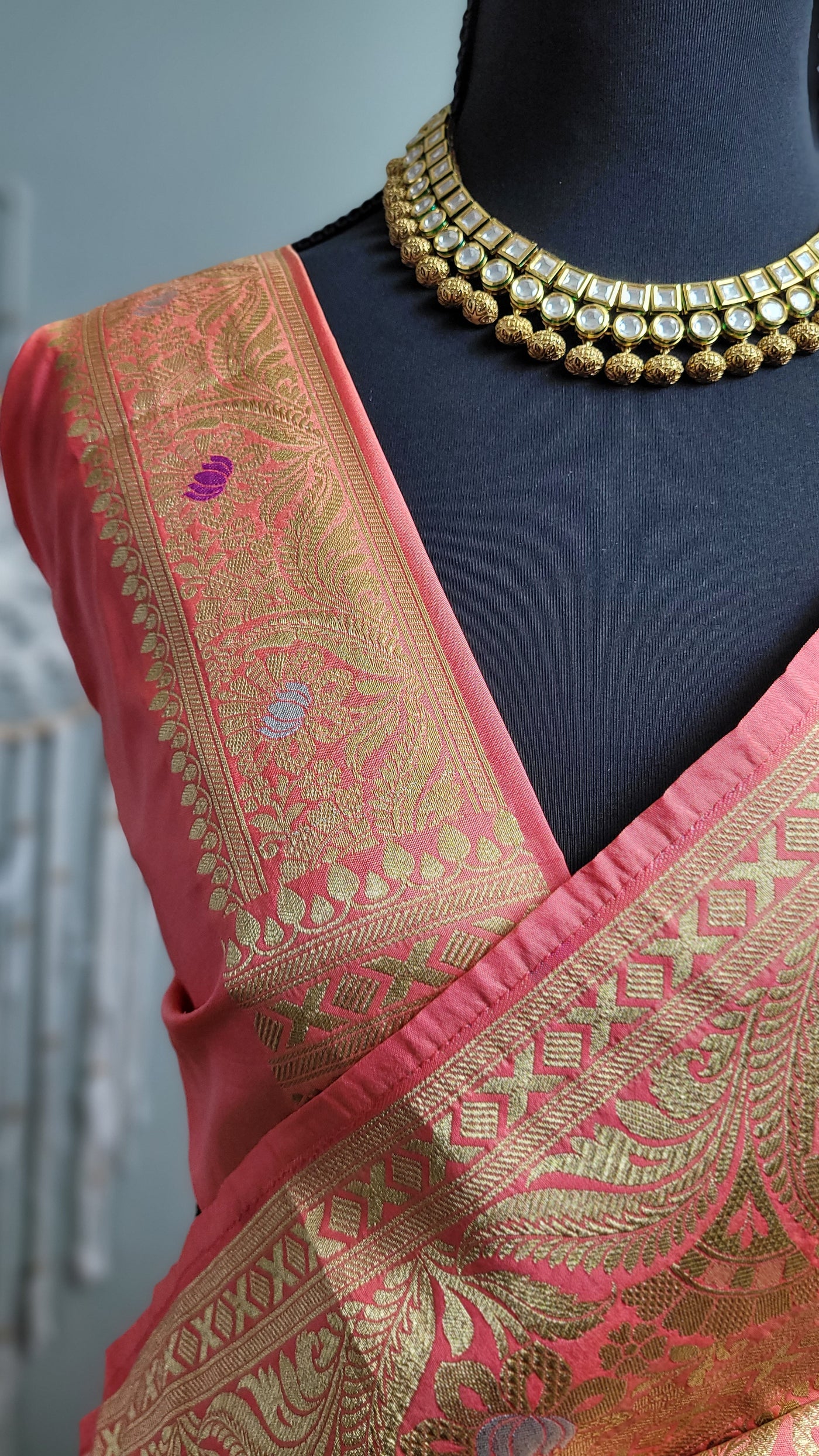 Peach Banaras Semi Katan Sona Rupa Silk Saree