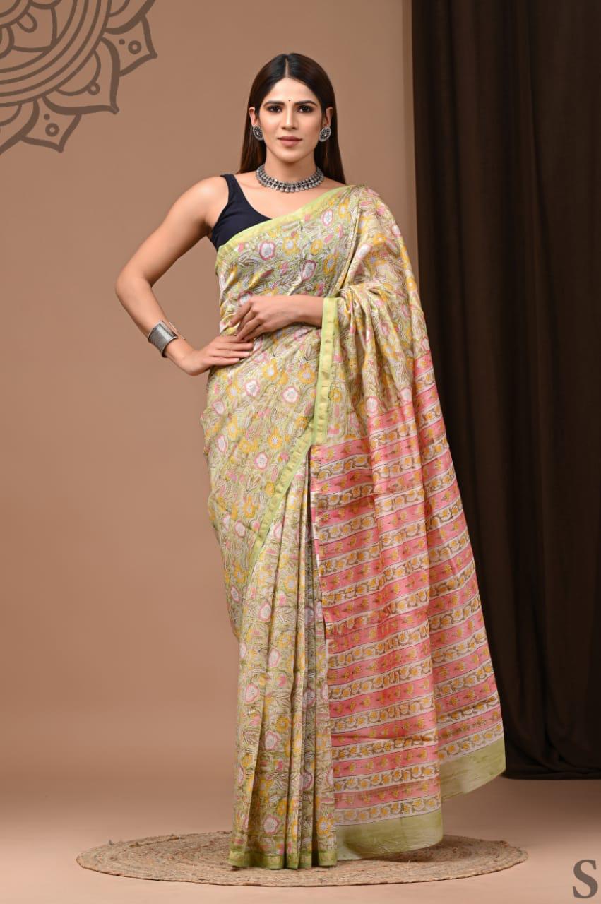 Pure Chanderi Silk Cotton Saree in Pastel Green & Pink