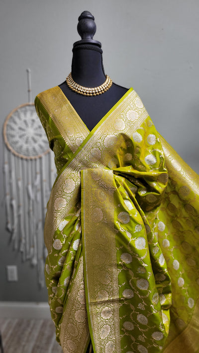 Lime Green Banaras Semi Katan Sona Rupa Silk Saree